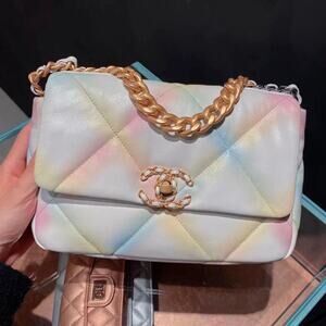Authentic Chanel 19 Medium Flap Bag Pastel Rainbow Goatskin Mixed Metal HW Box
